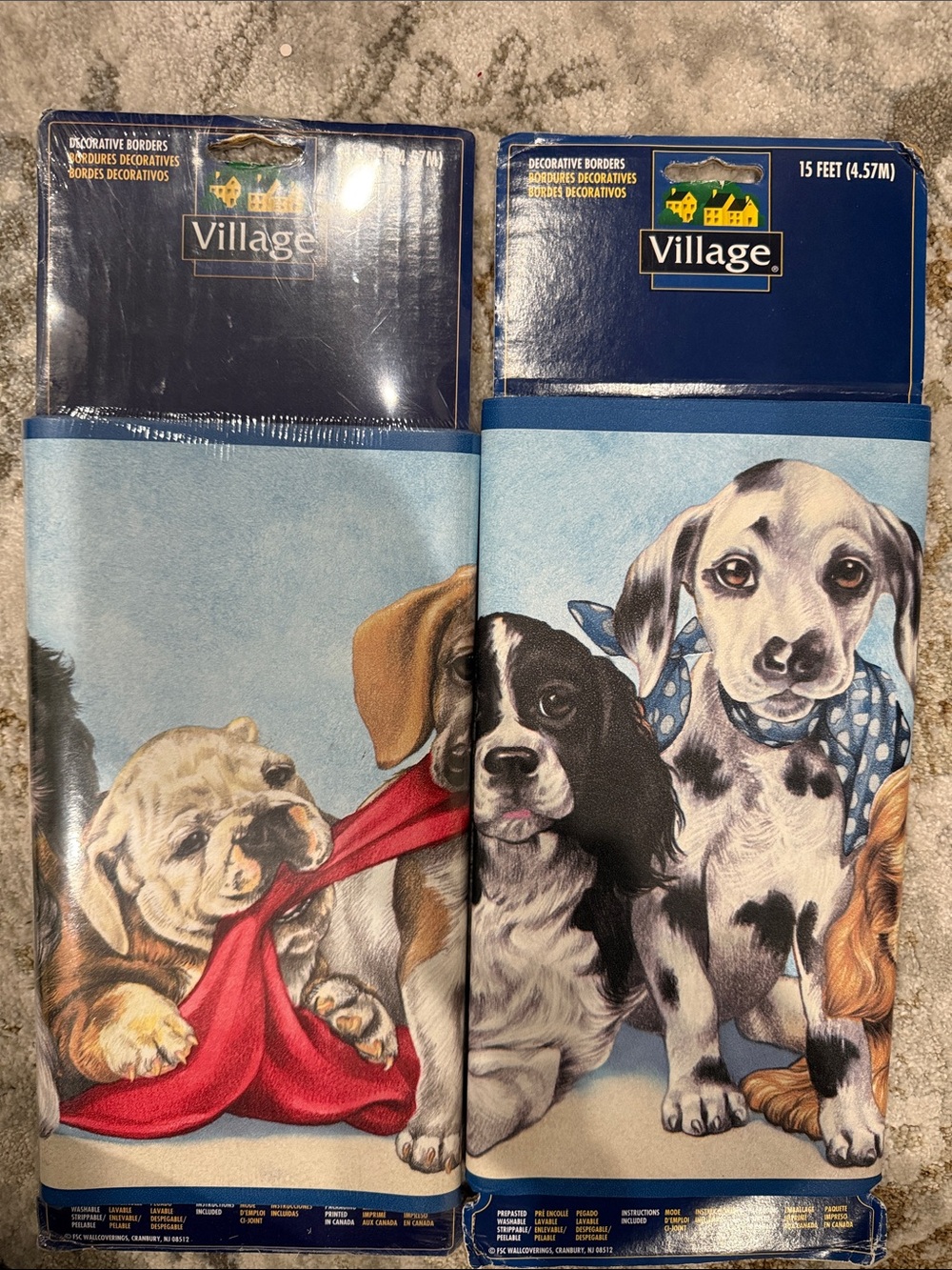 village Blue Puppy Dog Border with Multicolored Dogs. Vintage. Pets.